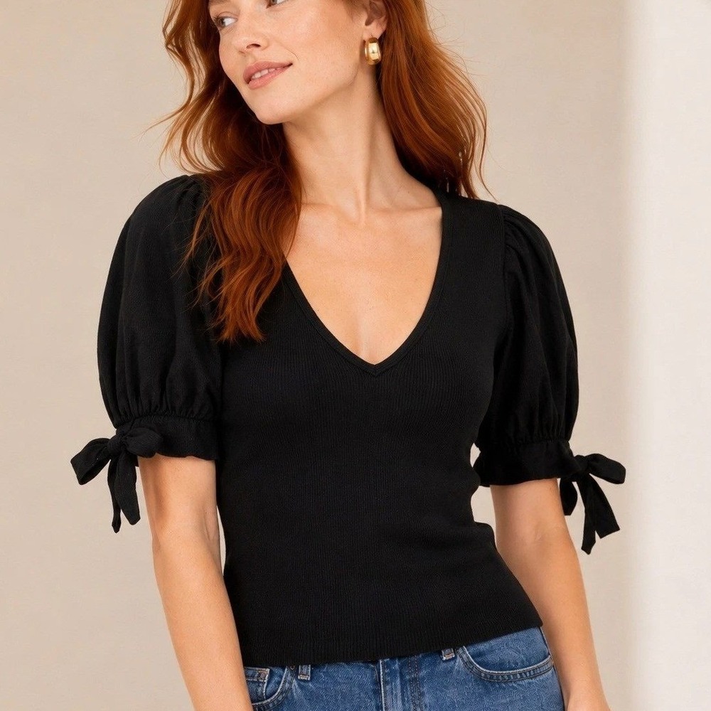 Maeve Anthropologie Puff Sleeve Cotton Small Black Ribbed V-Neck Tie Cuff Top